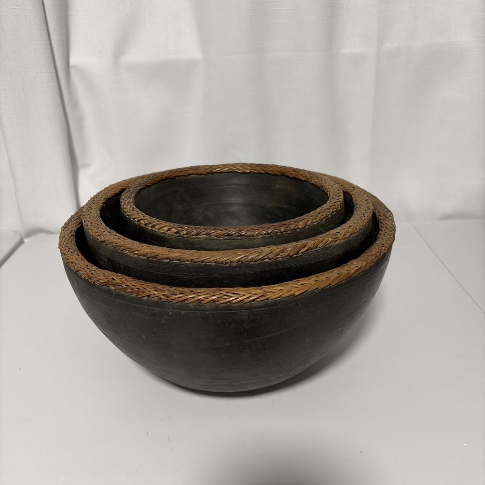 3 Nesting Wooden Bowls W Braided Wicker Rims Black Stacking 3 Size Vintage Decor